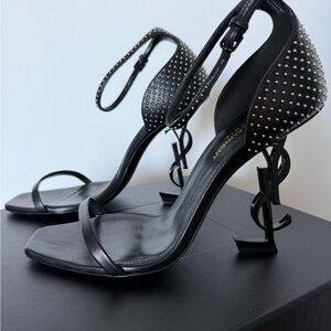Yves Saint Laurent Opyum YSL Logo sandals Black Studded Women's Heels